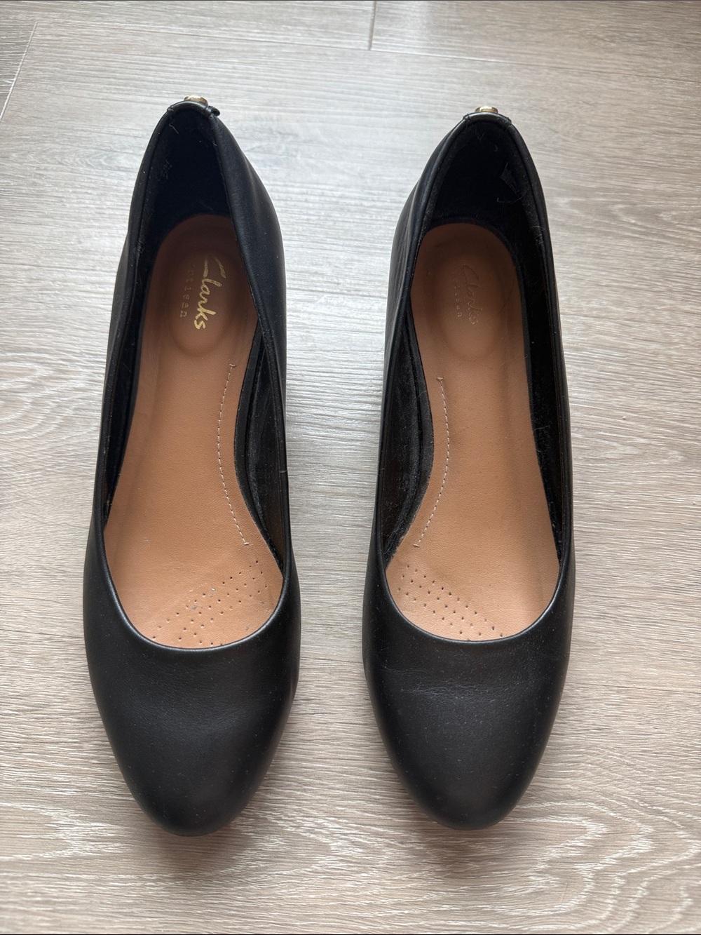 Clarks Black Leather Round-Toe Wedge Pumps